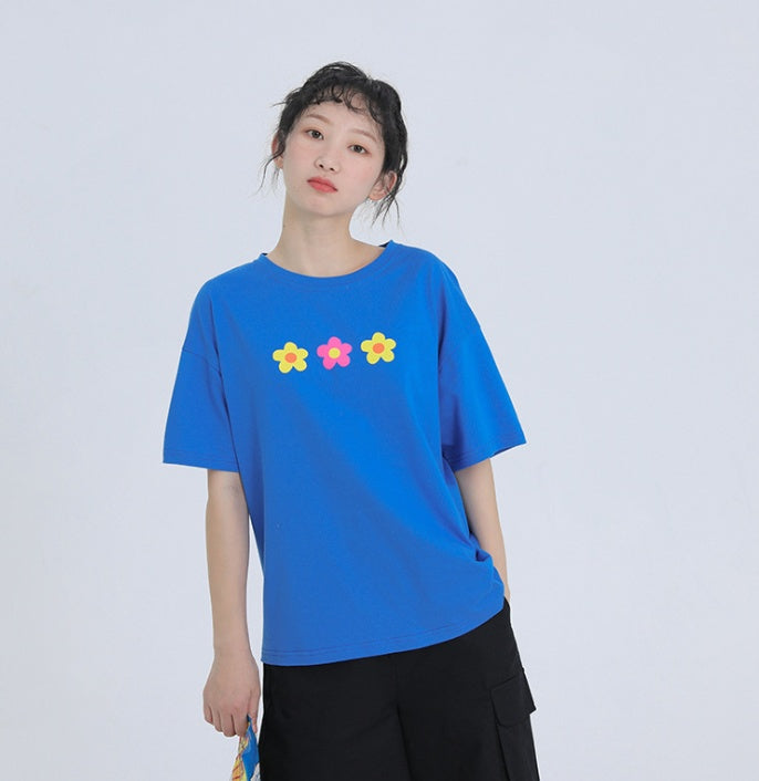 Four-color small flower print round neck short-sleeved T-shirt loose casual female student