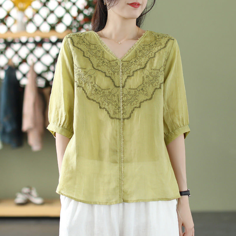 Cottagecore-Inspired Women's V-Neck Lace Embroidered Cotton Linen Half-Sleeve Shirt