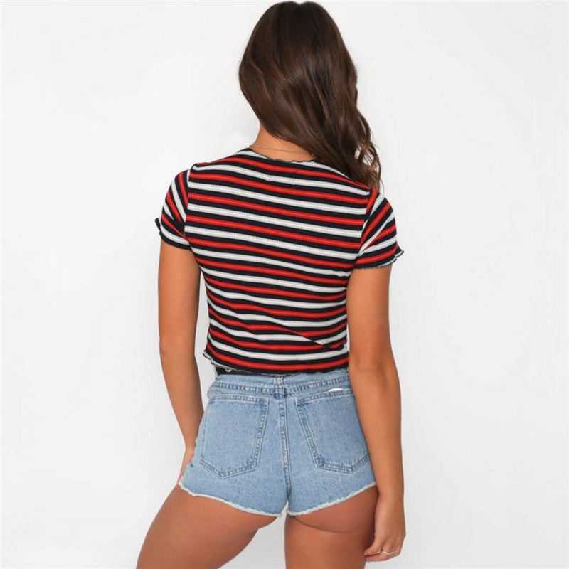 Striped round neck short sleeve T