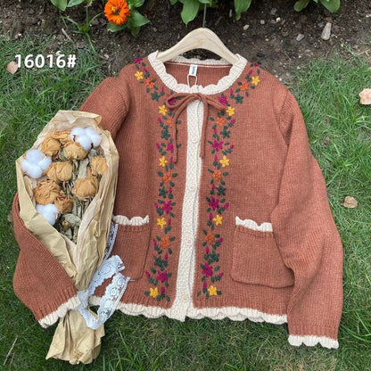 SweaterVintage Embroidered Lace Up Knit Sweater Jacket Women's Cardigan