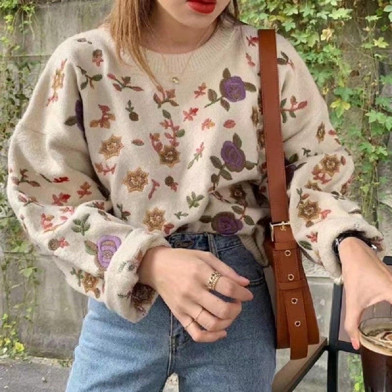 Embroidered Floral Pullover Sweater for Autumn