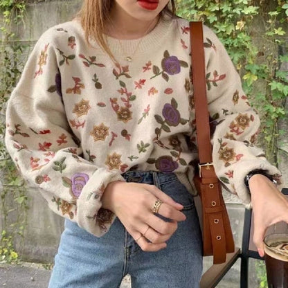 Embroidered Floral Pullover Sweater for Autumn