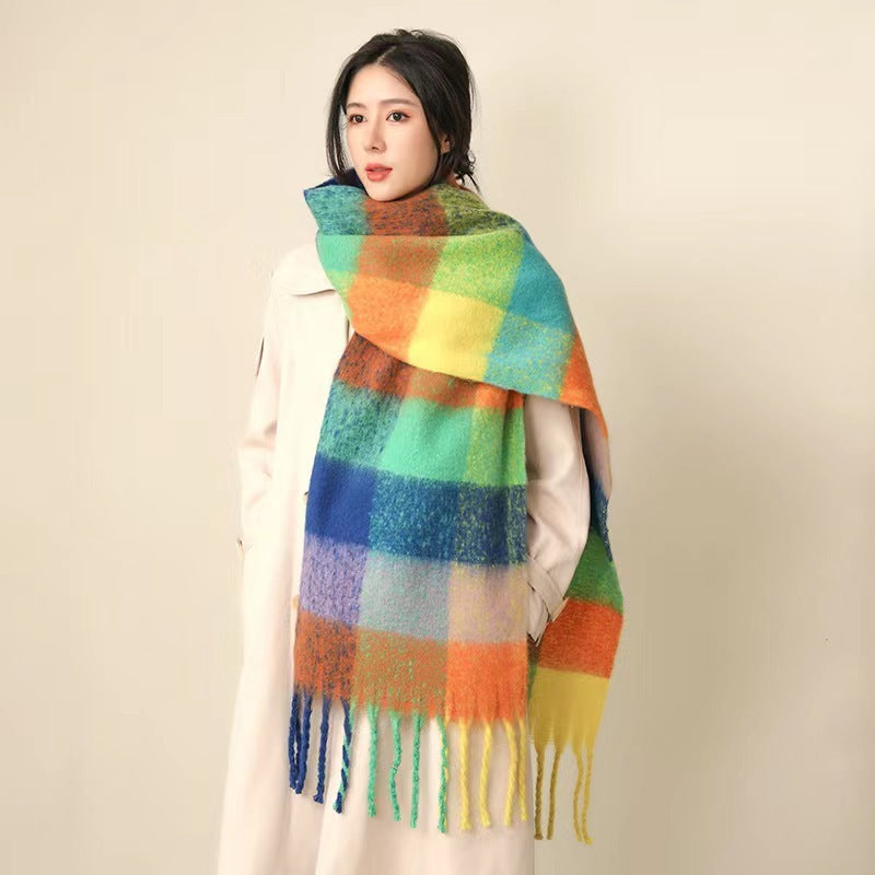 European And American Mohair Plush Warm Leisure Versatile Lattice Scarf