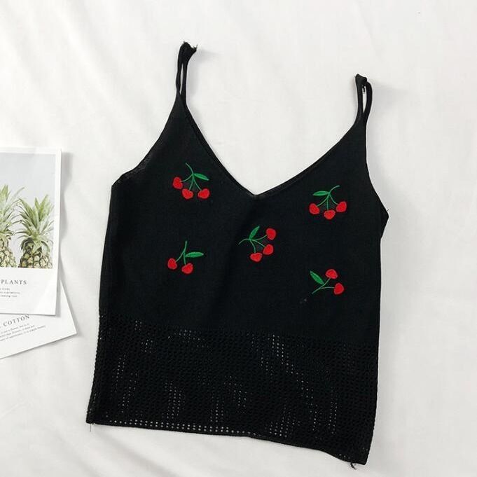 Sweet Cherry Embroidered Knitted Cami – Cute & Soft Sleeveless Top for Women