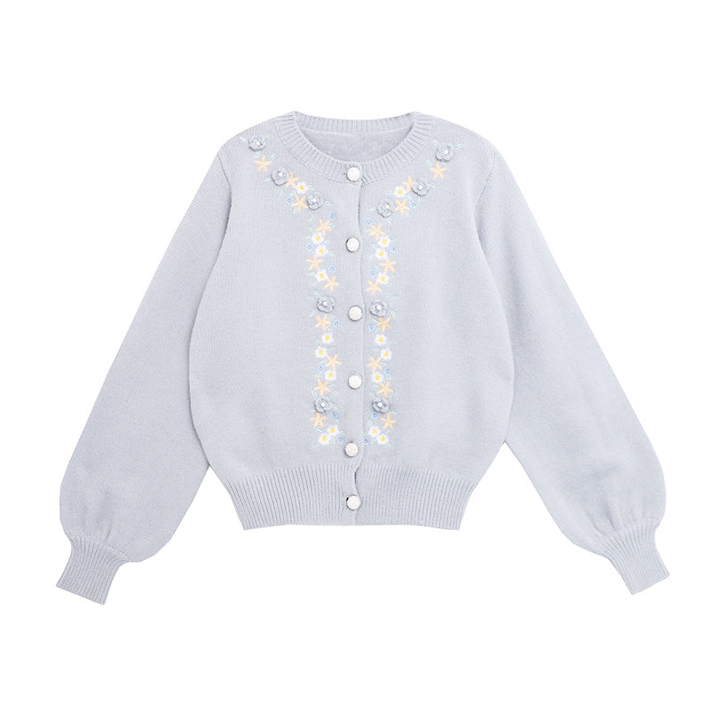 Soft Milk Blue Sweater Embroidery Soft Waxy Knitted Cardigan Women