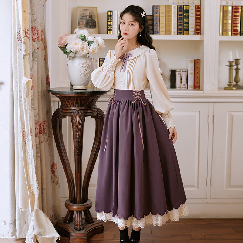 Long Sleeve Embroidered Floral Lace Double Layer Dress Set