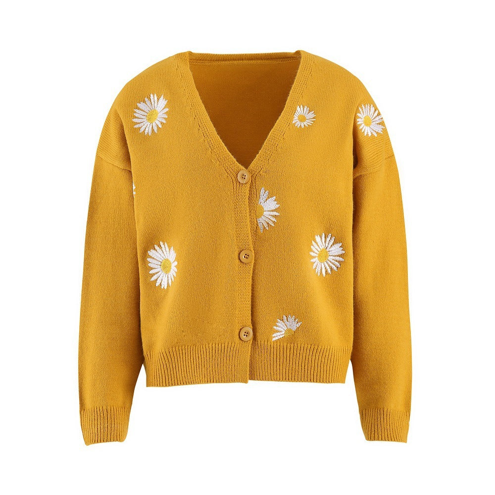 Cozy Chic Style Embroidered Daisy Cardigan