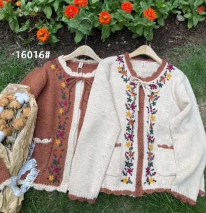 SweaterVintage Embroidered Lace Up Knit Sweater Jacket Women's Cardigan