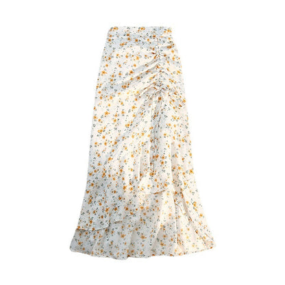 Floral Chiffon Midi Skirt with Ruching