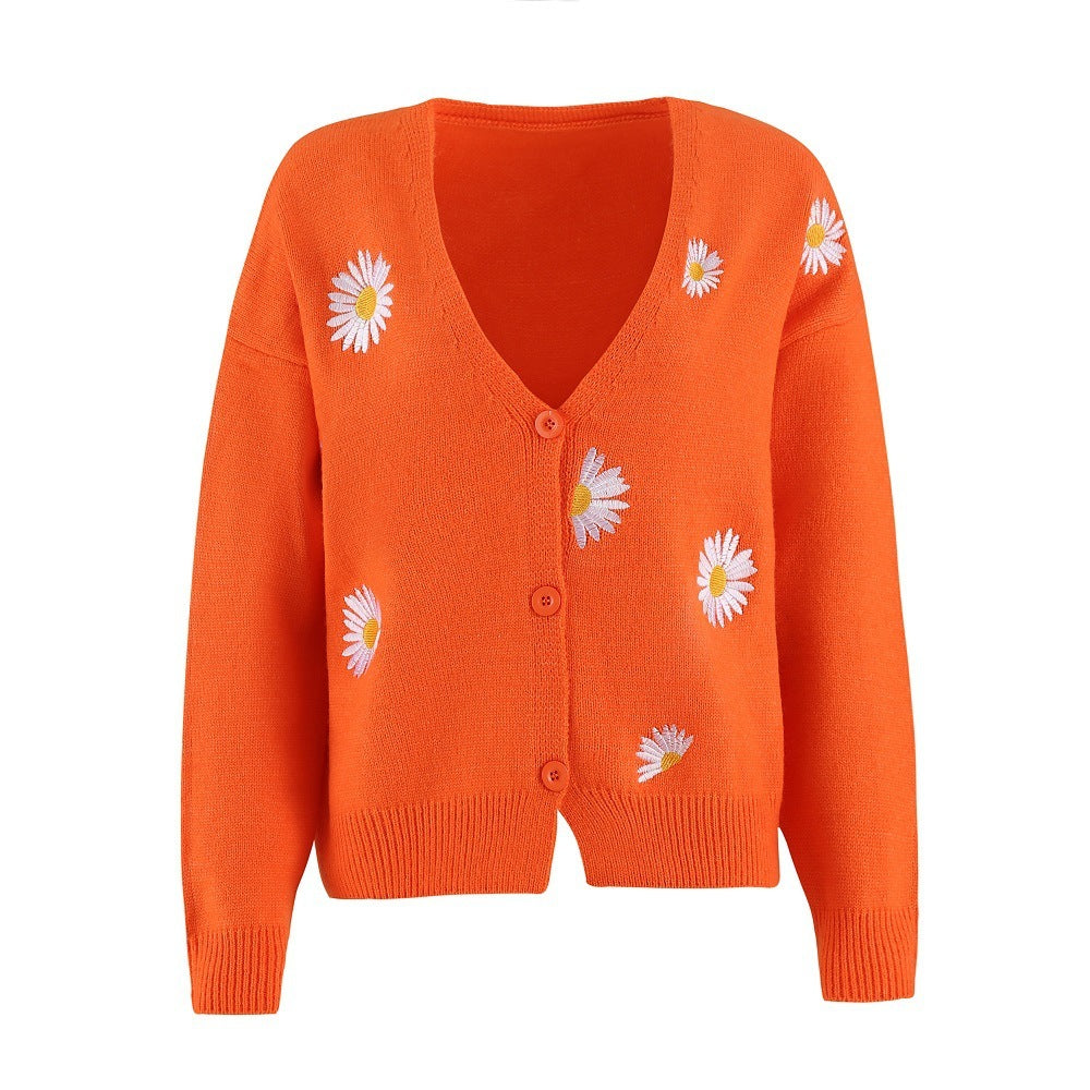 Cozy Chic Style Embroidered Daisy Cardigan