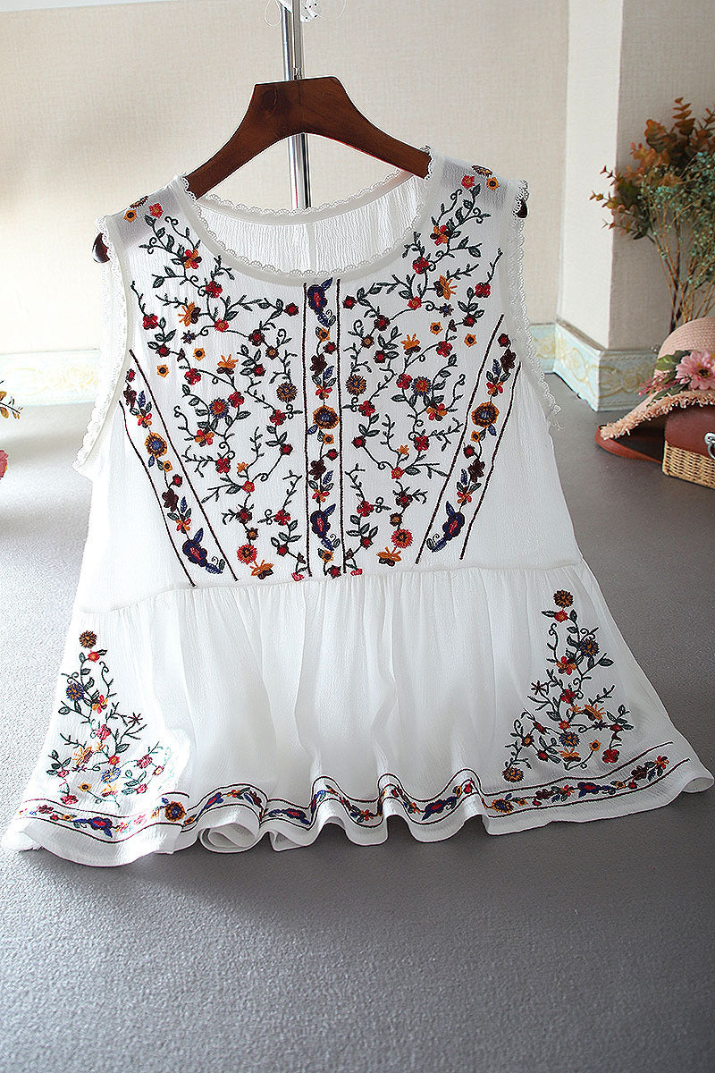 Loose Retro Embroidery Floral Top