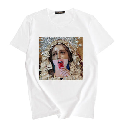 Women's Summer Spoof Oil Painting Print Round Neck T-shirt Top