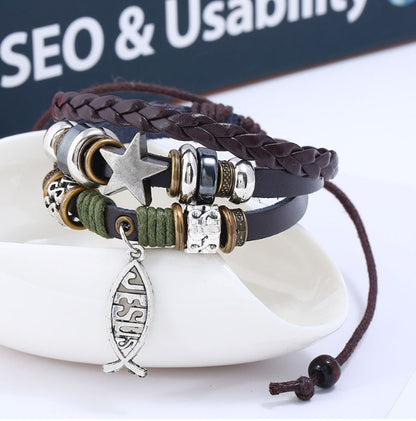 New beaded leather bracelet Jewelry wholesale Factory direct leather bracelet Jesus fish Cross bracelet