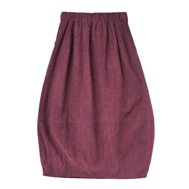 High-Waisted Cotton Linen Retro Skirt in Claret