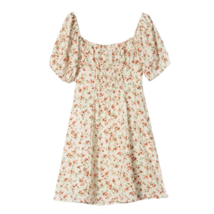 Square Collar A- Line Floral Print Dress