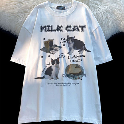 Cartoon Cat Summer Round Neck Short Sleeves T-shirt For Men And Women