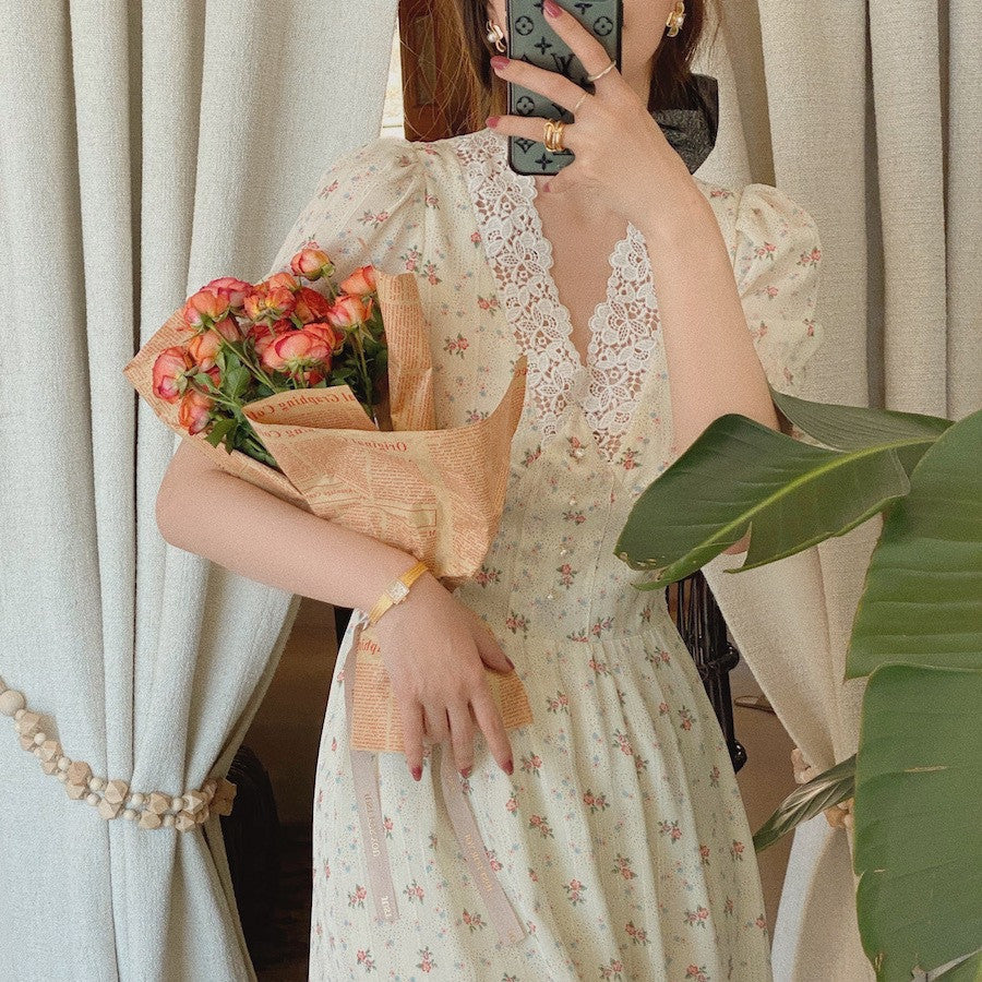 Floral Dress, Sweet French Retro Long Dress