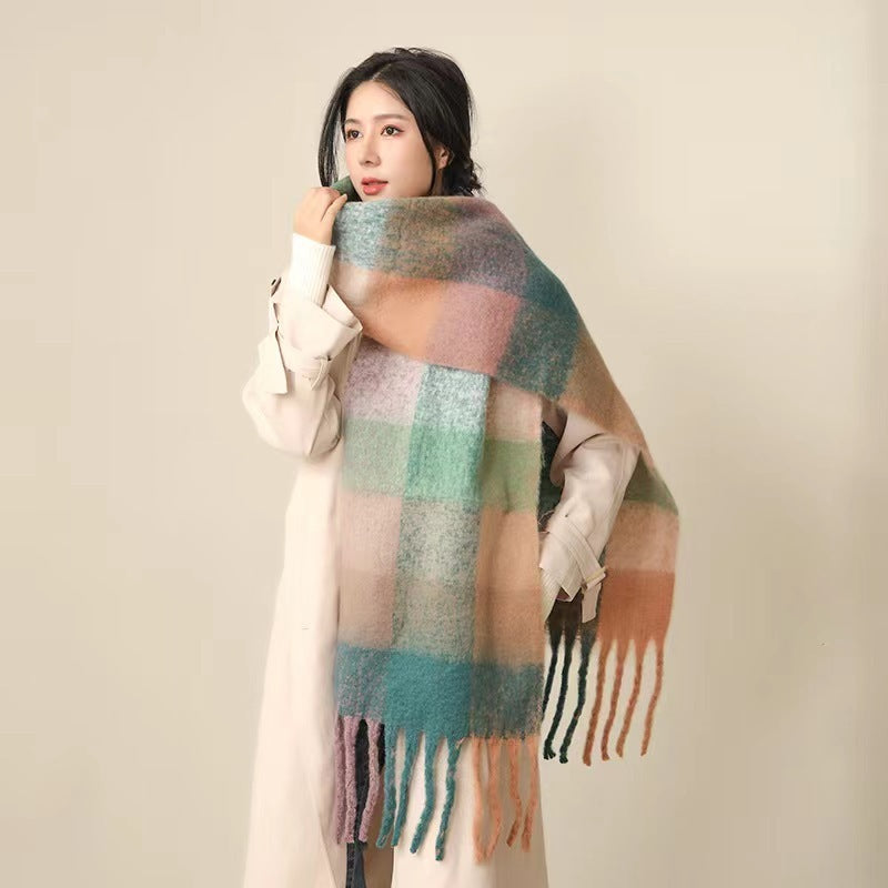 European And American Mohair Plush Warm Leisure Versatile Lattice Scarf