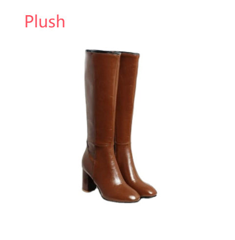 Brown Retro Square Toe Side Zipper Women's Boots