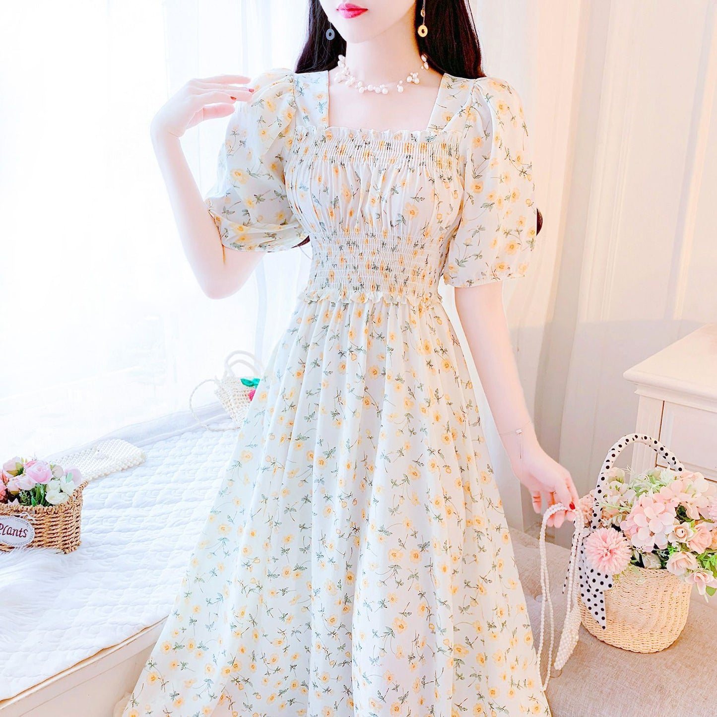 Vintage Floral Chiffon Long Dress