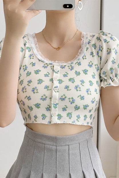 Retro Short Floral Puff Sleeve T-shirt Women