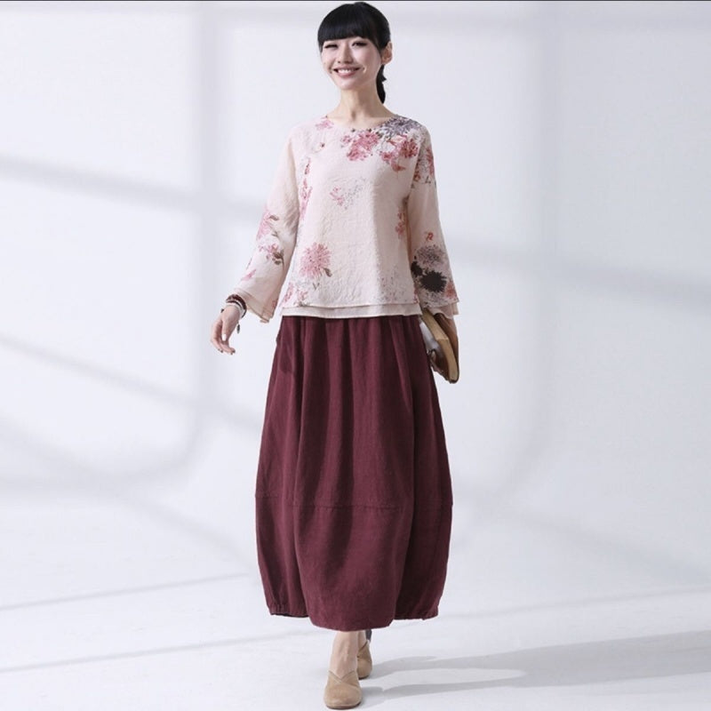 High-Waisted Cotton Linen Retro Skirt in Claret