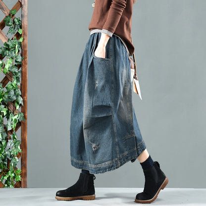 Retro Washed Denim Skirt with Elastic Waist