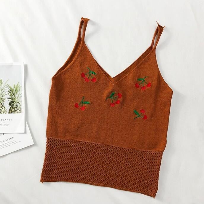 Sweet Cherry Embroidered Knitted Cami – Cute & Soft Sleeveless Top for Women