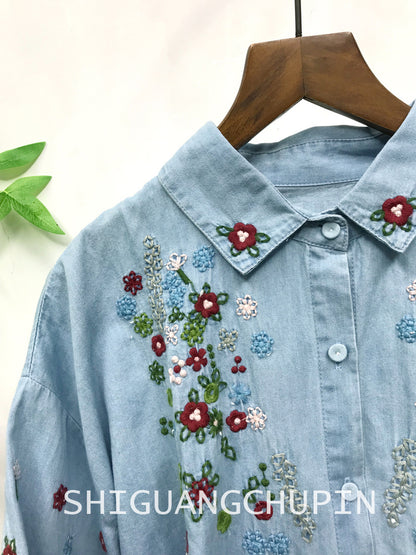 Japanese Mori Girl Washed Handmade Vintage Embroidery Cotton Denim Shirt