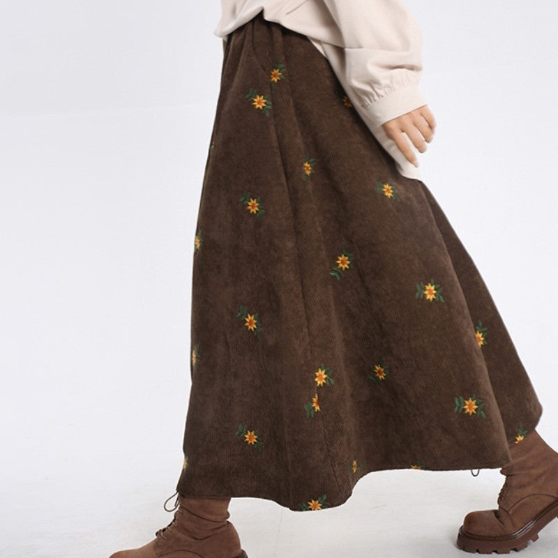 Women's Ancient Corduroy Embroidered Skirt Overknee Dress