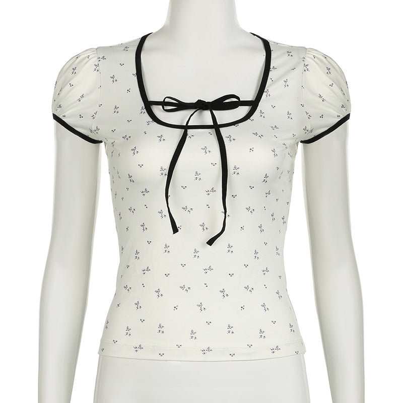 Floral Print Lace-up Hemming Puff Short Sleeve Knitted Top