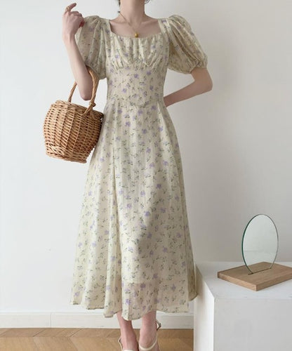 Floral Square Collar Women's Design Sense Niche Texture Puff Sleeve Dress