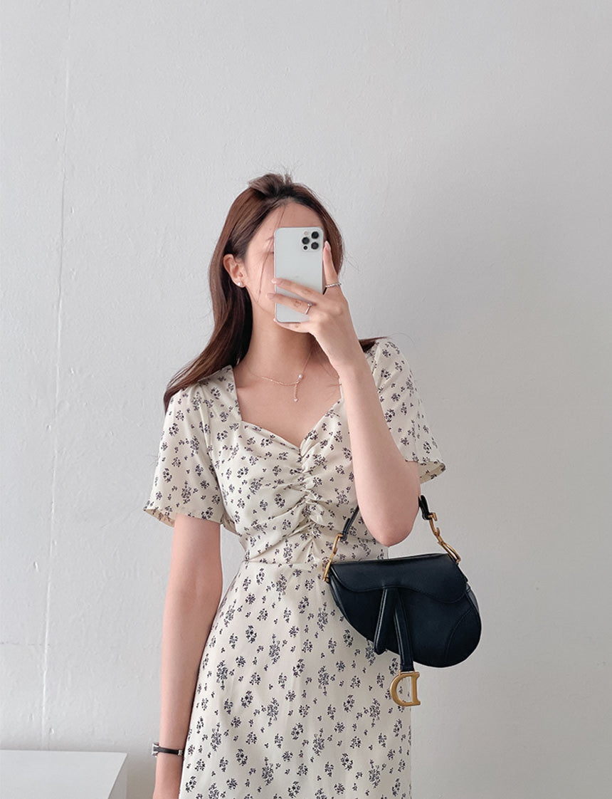 Temperament Square Neck Waist Slim Floral Dress