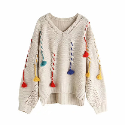 Cozy Knitted Sweater with Colorful Tassels