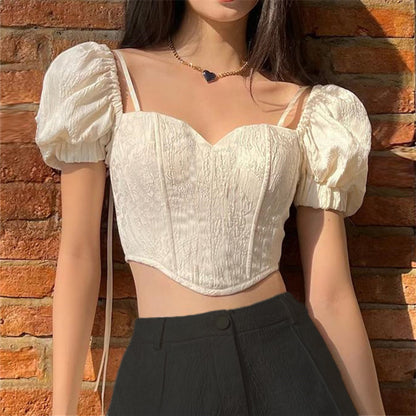 Summer Sexy French Style Square Collar Back Bow Puff Short Sleeve Top