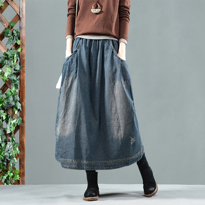 Retro Washed Denim Skirt with Elastic Waist