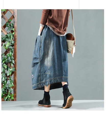 Retro Washed Denim Skirt with Elastic Waist