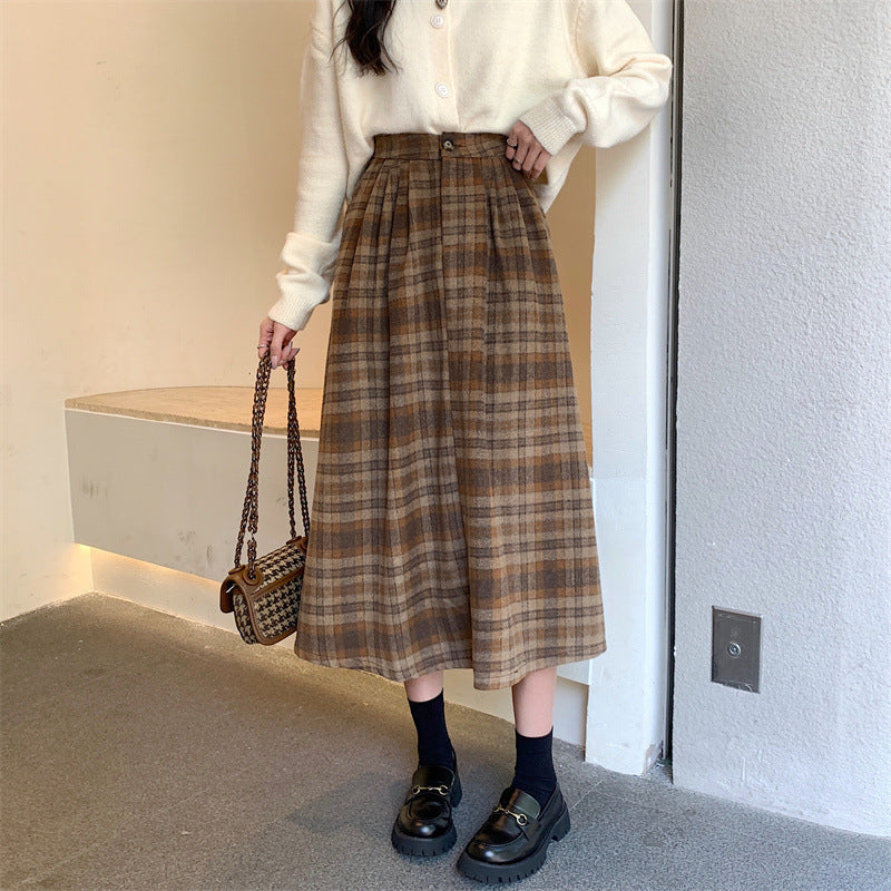 Winter High-grade Coffee Color Plaid Skirt For Women