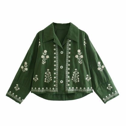 Loose Embroidered Linen Tunic Bomber Jacket