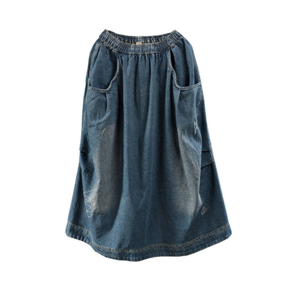 Retro Washed Denim Skirt with Elastic Waist