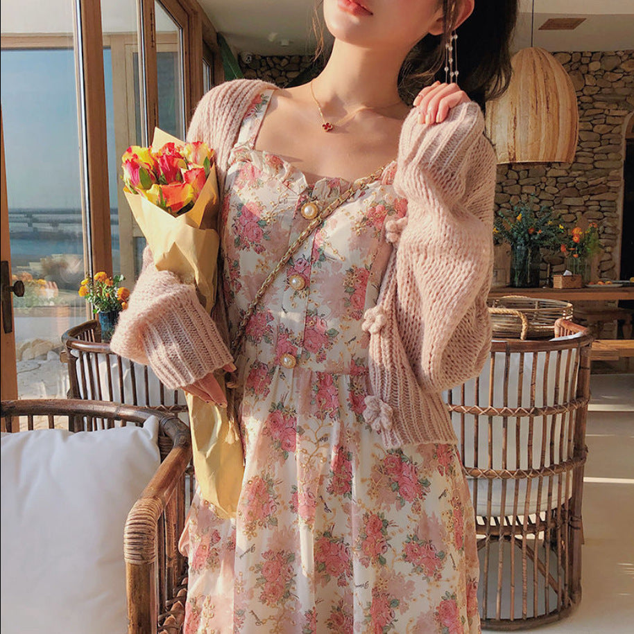 Fungus Edge Chiffon Skirt Suspender Floral Dress