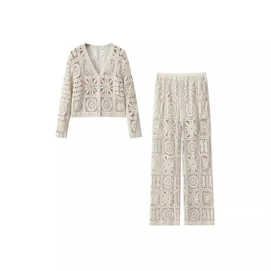 Chic Crochet V-Neck Cardigan & Lace Pants Set