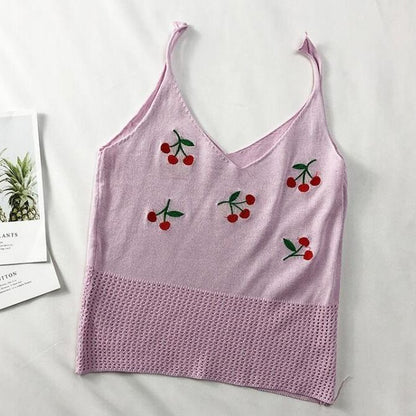 Sweet Cherry Embroidered Knitted Cami – Cute & Soft Sleeveless Top for Women