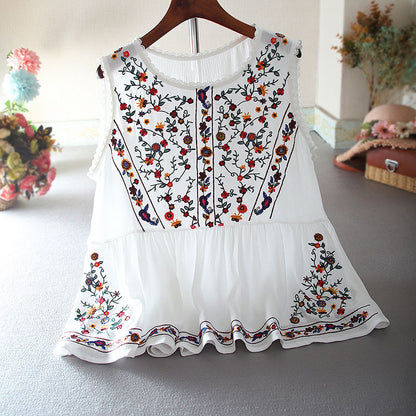 Loose Retro Embroidery Floral Top