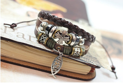 New beaded leather bracelet Jewelry wholesale Factory direct leather bracelet Jesus fish Cross bracelet