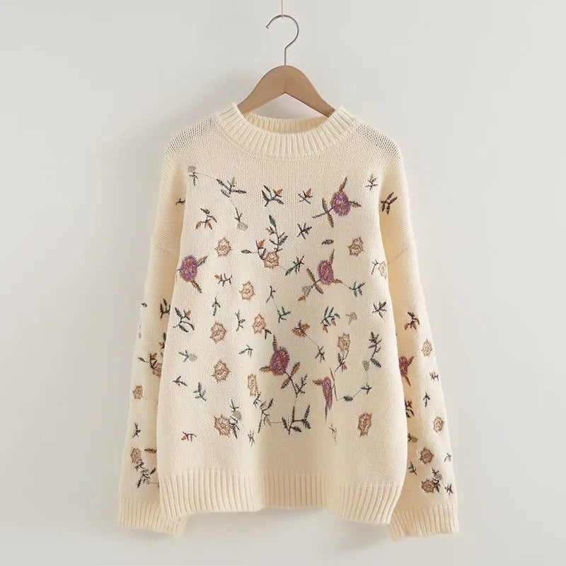 Embroidered Floral Pullover Sweater for Autumn