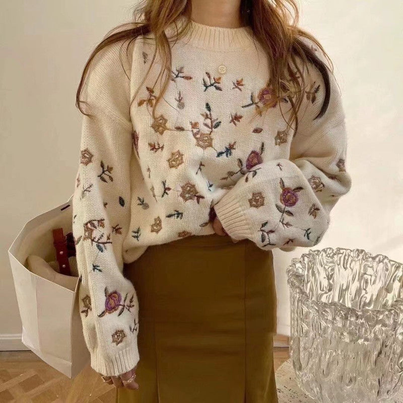 Embroidered Floral Pullover Sweater for Autumn