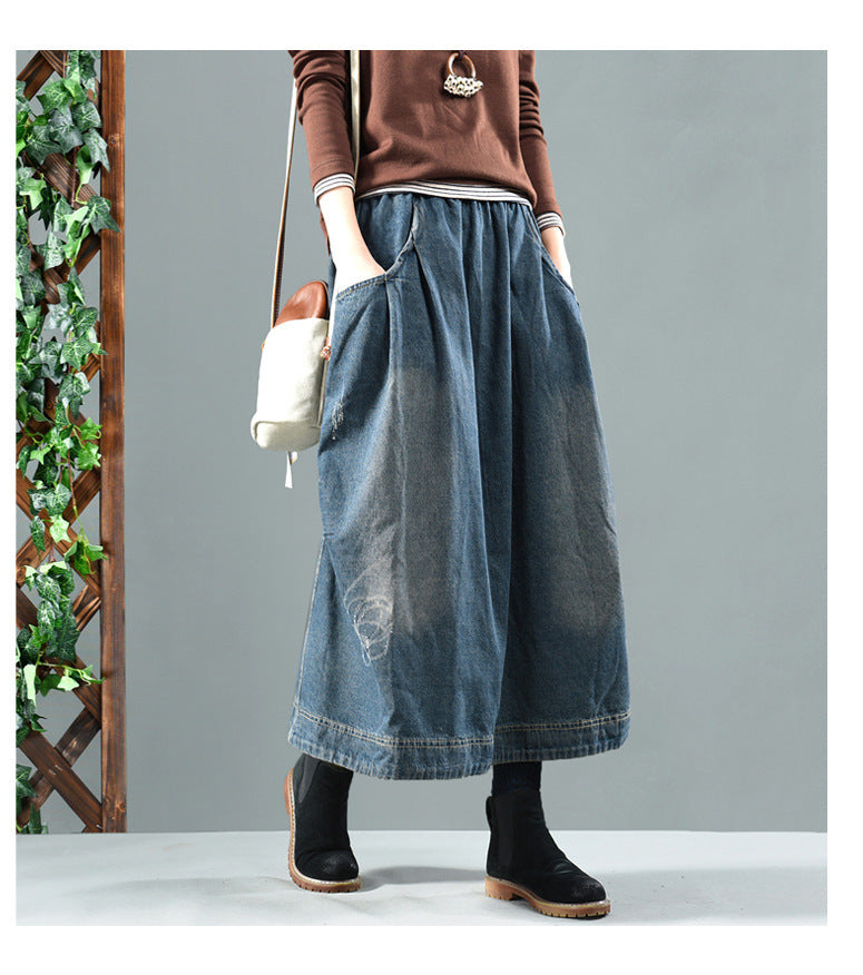 Retro Washed Denim Skirt with Elastic Waist