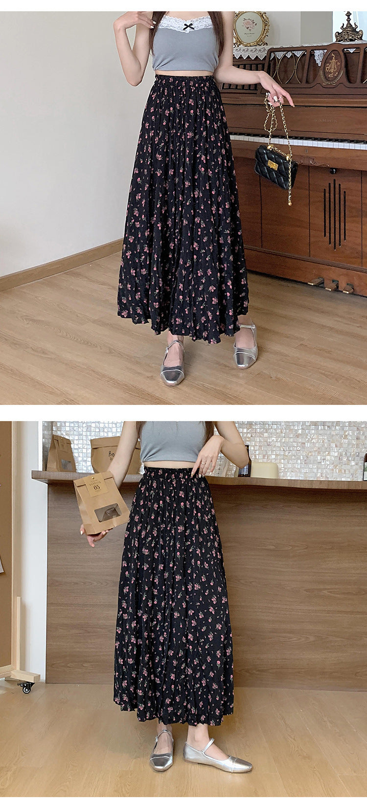 Summer Floral Pleated Maxi Skirt