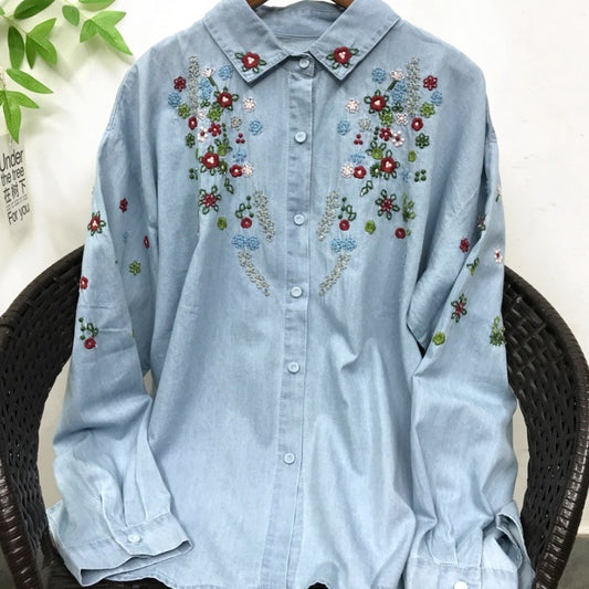 Japanese Mori Girl Washed Handmade Vintage Embroidery Cotton Denim Shirt